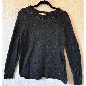 Michael Kors Womens Size L Black Long Sleeve‎ Sweater Chain Neck Trim Gold Logo